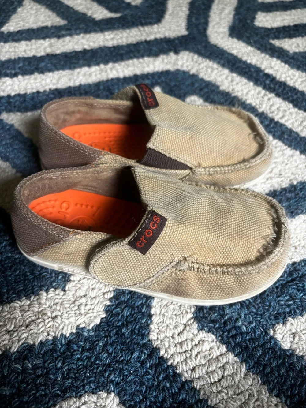 CROCS Kids Canvas Slip-Ons in Tan, Brown with Orange Insole